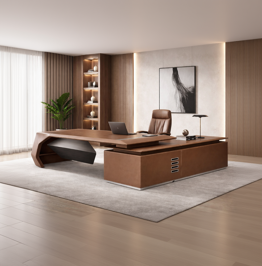 Modern office desk with a laptop, chair, and decor in a stylish room.