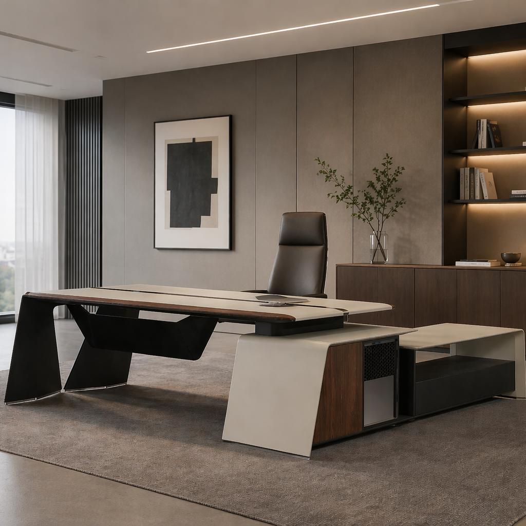 Modern office desk in a stylish room with large windows and decor.