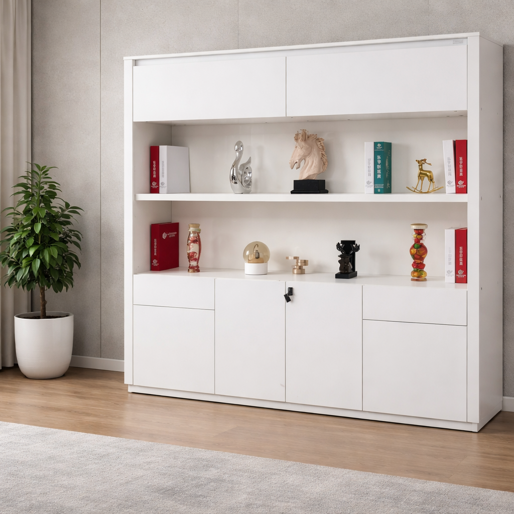 White storage cabinet with shelves and doors in a room with a plant and curtains.