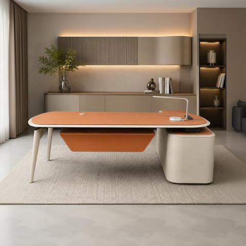 H-07 Luxury Executive Office Desk – 240 x 210 cm – Nubuck Leather Finish