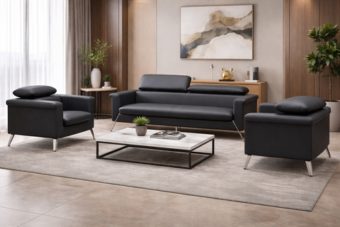 Huimei PU Leather Office Sofa Collection with Retractable Headrests – Black & White