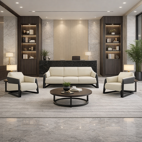 Huimei Premium PU Leather Office Sofa Set – Off White (Single, Three-Seater & Full Set)