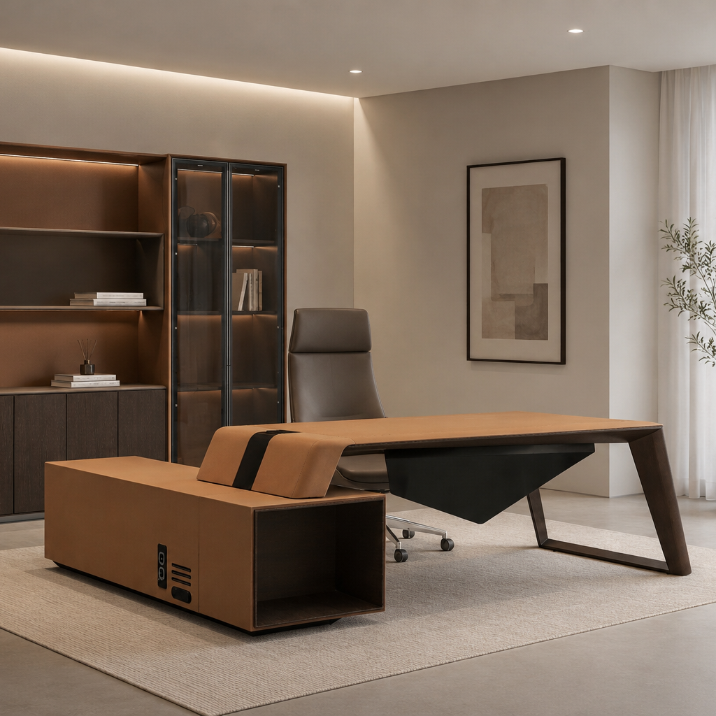 H05 Luxury Executive Office Desk – Nubuck Leather, Veneer Wood & Titanium Steel | 250 x 219 cm