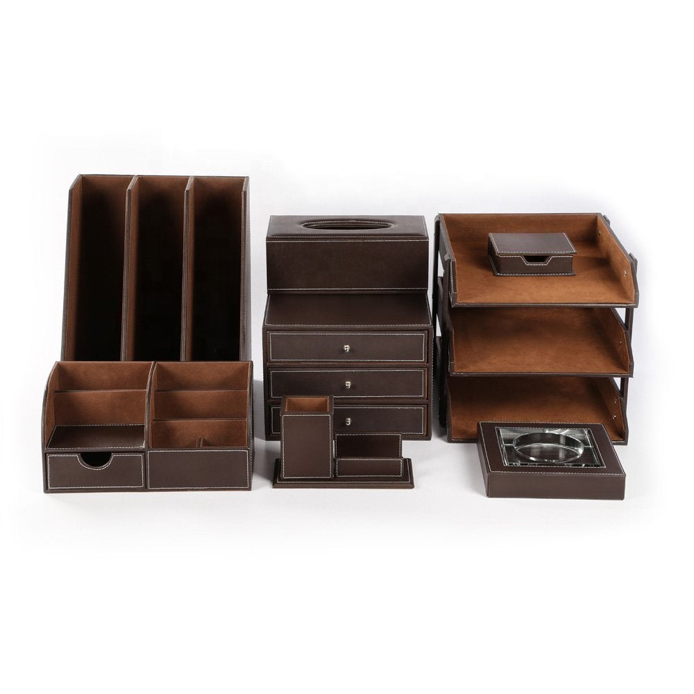 Moogco Bonded Set Luxury Leather Desk Pad & Organization Essentials Organizer (Brown)