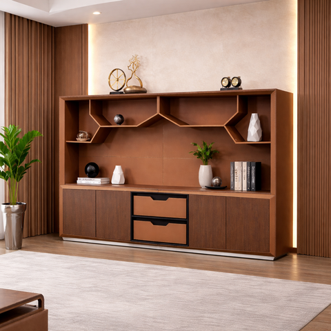 Wooden entertainment console with decorative items in a room with wooden walls and a rug.